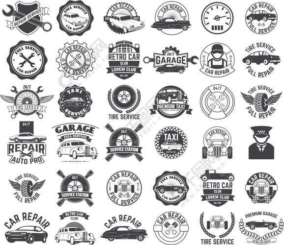 大套汽车服务出租车轮胎服务标签和徽章徽标标签标志徽章标志的设计